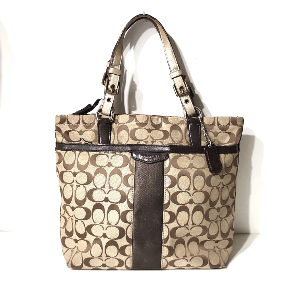 Coach Signature C Stripe Brown Khaki Canvas Shoulder Bag Tote - Picture 16 of 16
